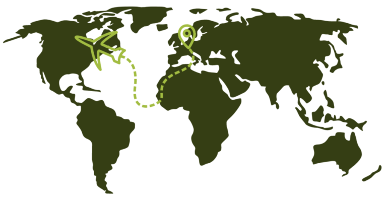 Weltkarte und Route von Firmenstandort nach Amerika