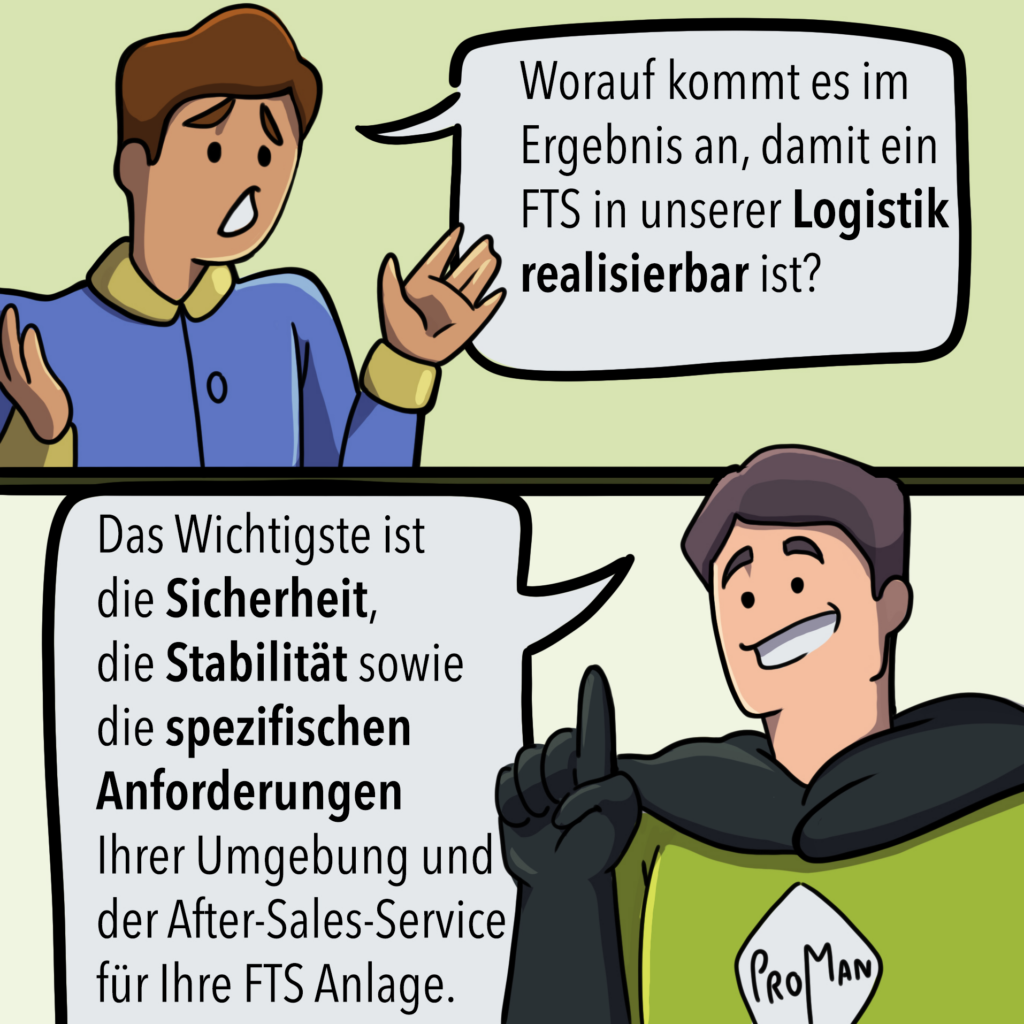 ProMan begrüßt Sie auf der LogiMAT Messe Stuttgart. Comic Figur berät hinsichtlich der wichtigen Punkte im Bereich FTS Realisierung.