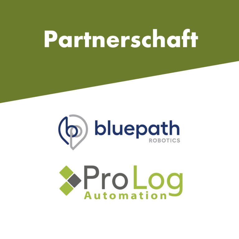 Logos der Firmen bluepath Robotics und Prolog Automation. Die Grafik informiert über die geschlossene Partnerschaft.
