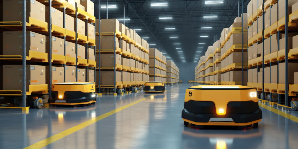 Ein Automated Guided Vehicle AGV steht vor einem Hochregallager. Das System ist auf einem klar definierten Fahrweg positioniert und bereit, Materialien zu laden oder zu entladen. Im Hintergrund sind die Regale mit gestapelten Waren und Kisten deutlich sichtbar, was auf einen gut organisierten Lagerbereich hinweist.