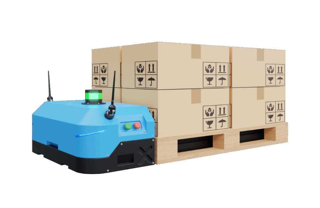 Fahrerloses Transportsystem für Paletten und Kisten in der Lagerlogistik, elektrisch, mit Hochhubfunktion, autonom navigierend, mit Sicherheitssensoren